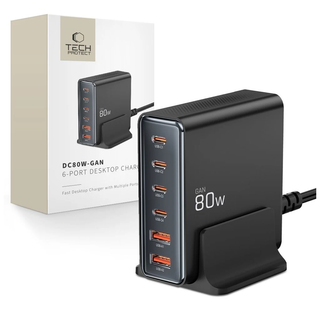 Tech Protect DC80W GAN (PD80W QC3.0) 6 Portos Asztali Töltő Fekete